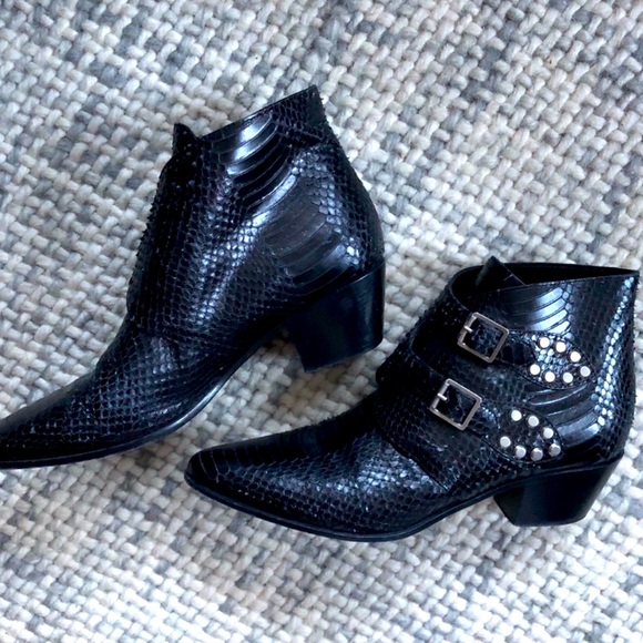 Authentic SAINT LAURENT Black Python Studded Double Monk Ankle Booties (EUC) - Picture 7 of 11